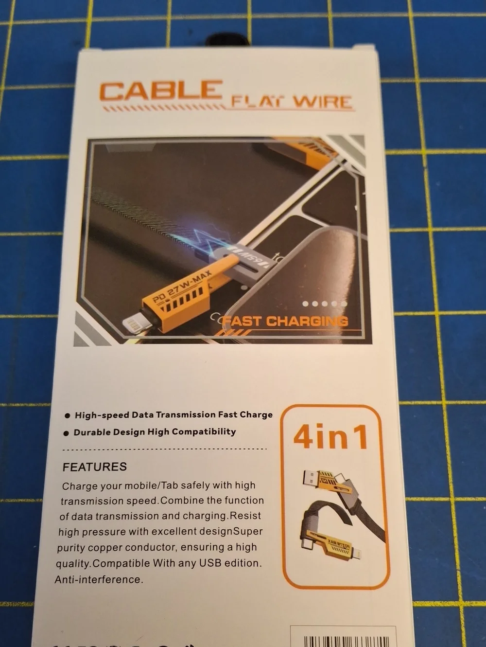 Fast Charging 65W/27W Flat Wire USB Cable - Yellow/Black New